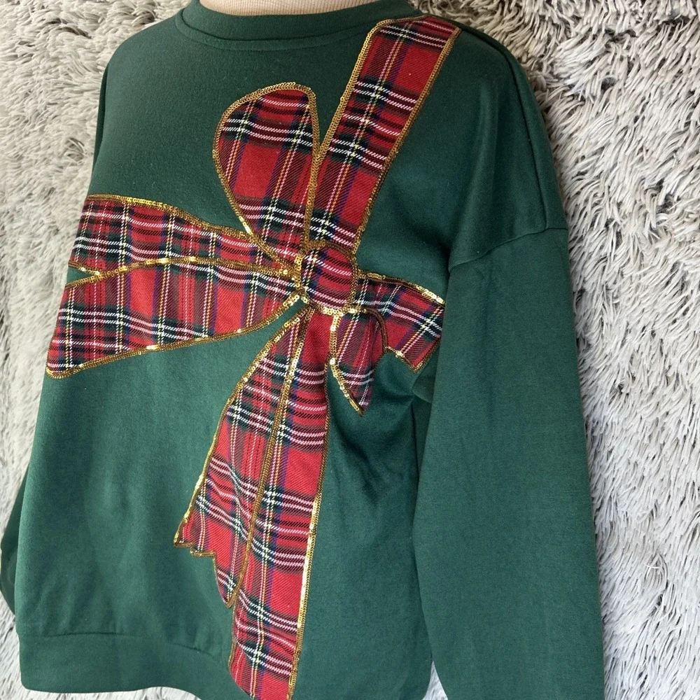 Bibi Green Red Plaid Ribbon Crewneck Pullover Christmas Gold Sequin Holiday Sz S - Picture 3 of 12